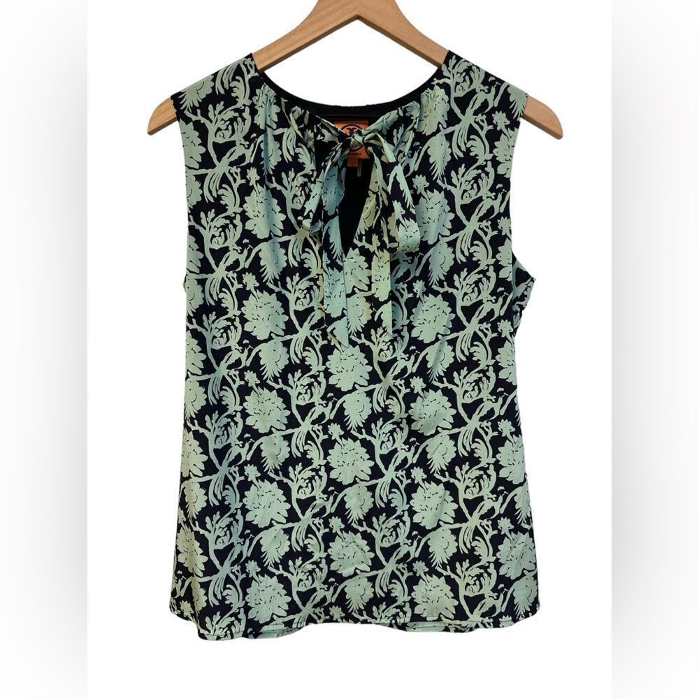 TORY BURCH Women's Size 6 Silk Mint & Navy Floral Print Top Blouse Poplin